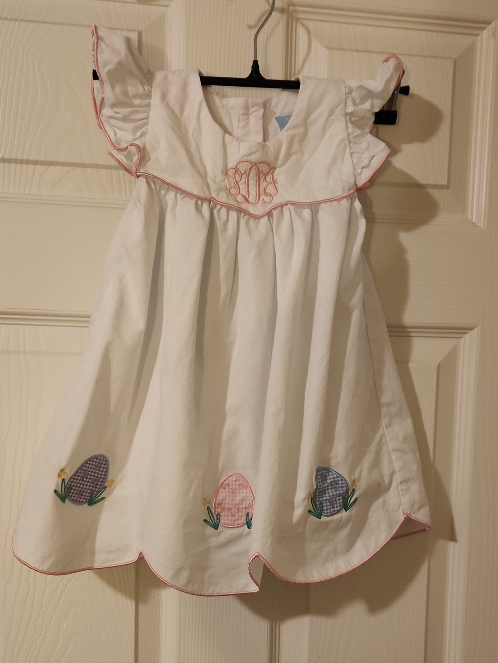 Classic Whimsy Girls White Easter Egg Embroidered Dress with Pink Trim Sz 2T